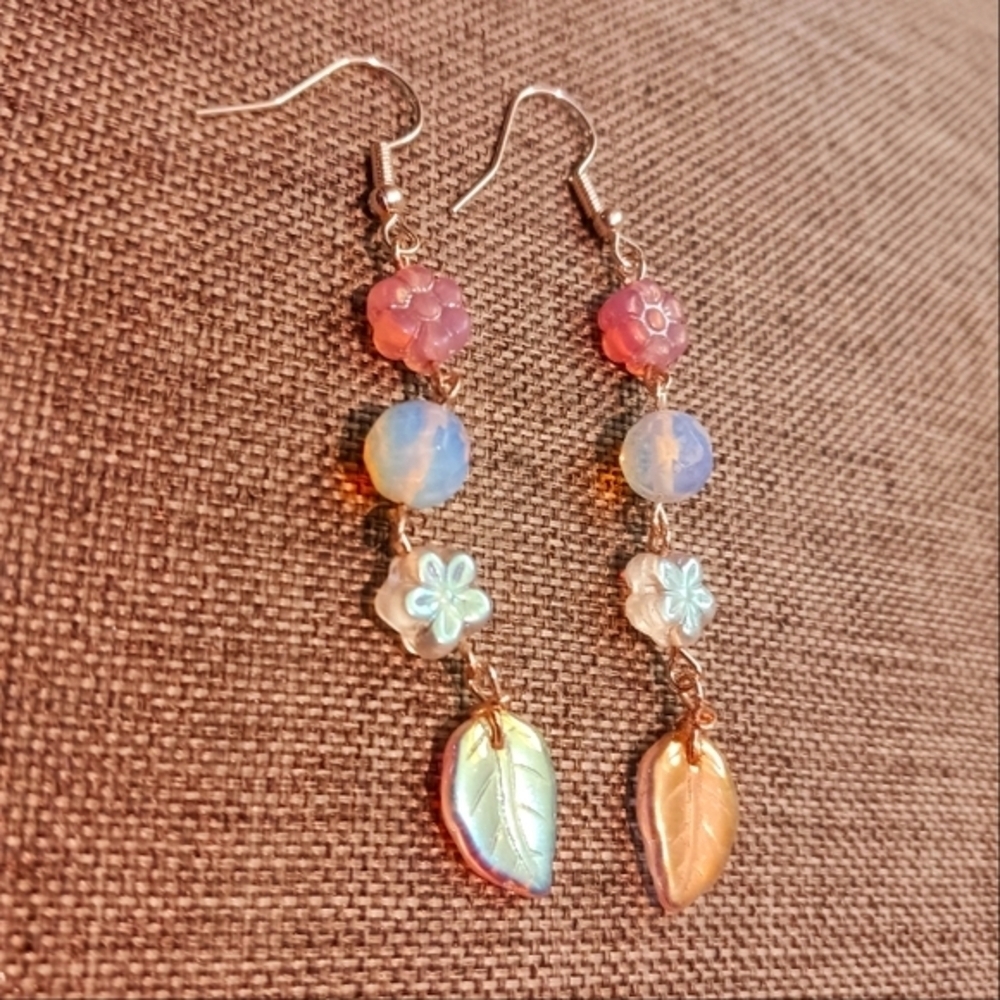 Whimsical Earrings Leaves and Flowers Czech Glass Beads - New Item